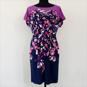 BCBGMAXAZRIA w/ POCKETS! Abstract Violet Floral Dress Navy Pink Purple Sz Small